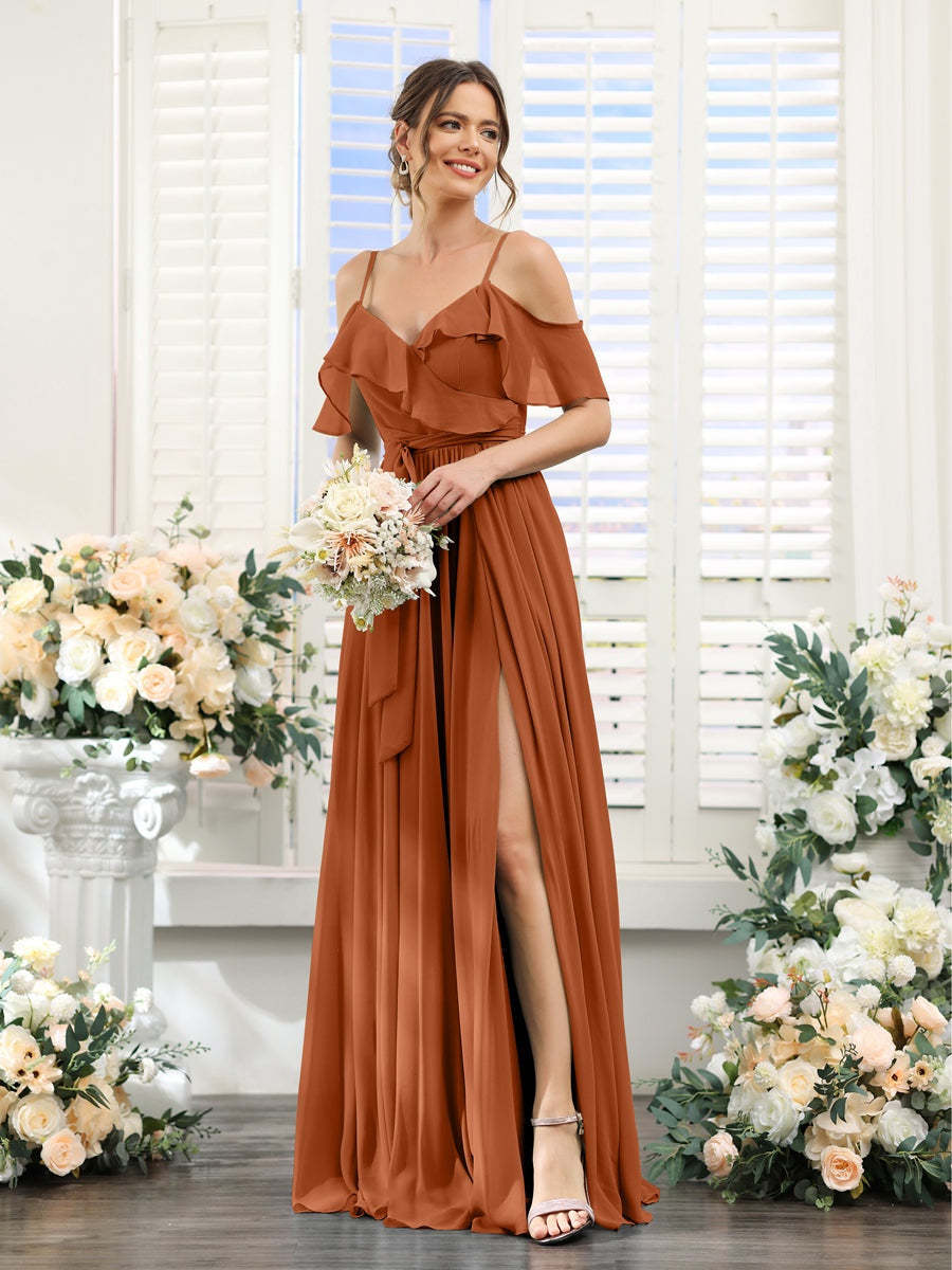 Floor-Length A-Line Bridesmaid Dresses with V-Neck and Spaghetti Straps, Featuring Pockets