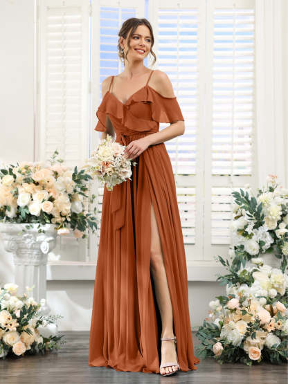 Floor-Length A-Line Bridesmaid Dresses with V-Neck and Spaghetti Straps, Featuring Pockets