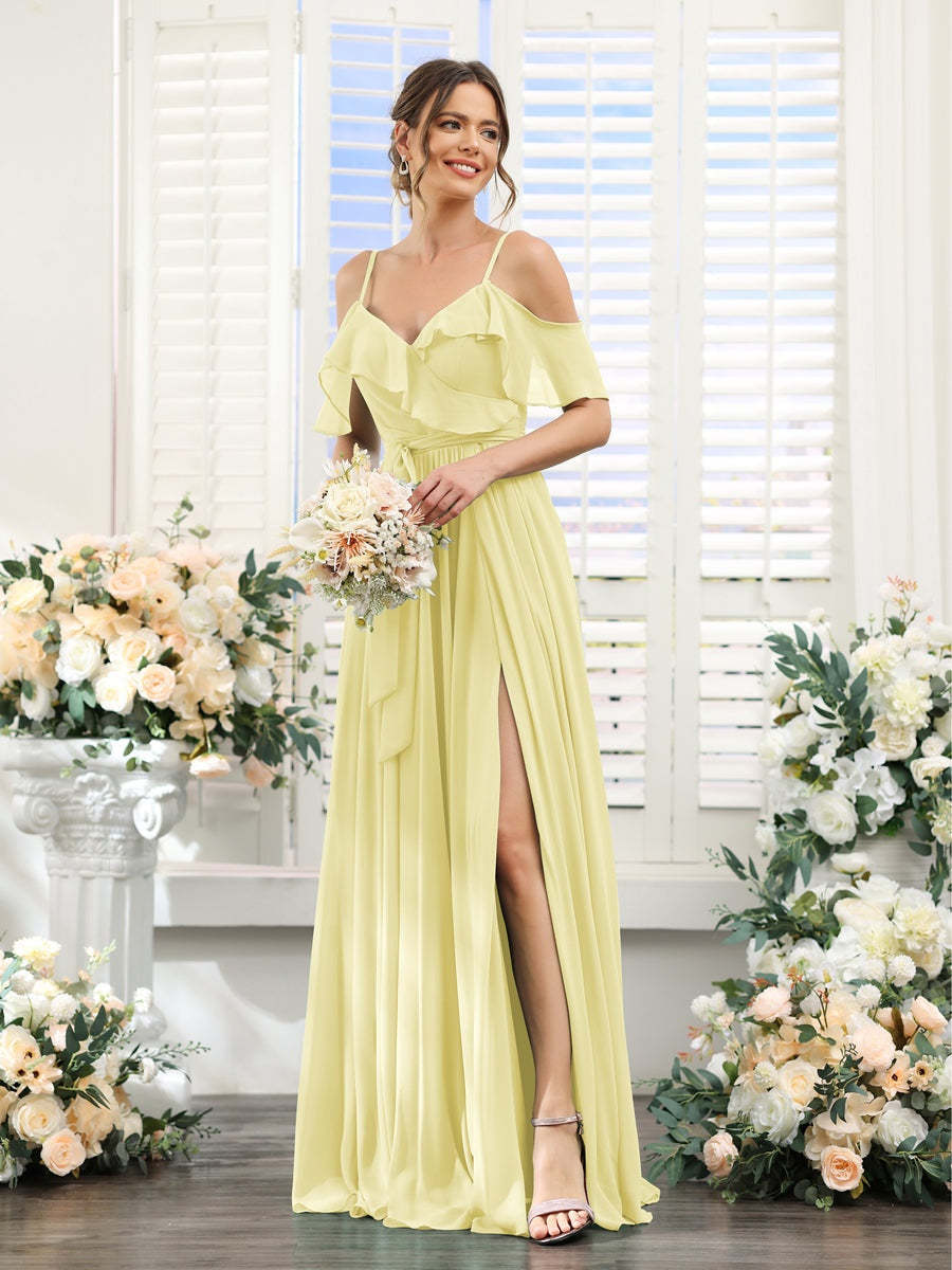 Floor-Length A-Line Bridesmaid Dresses with V-Neck and Spaghetti Straps, Featuring Pockets