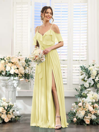 Floor-Length A-Line Bridesmaid Dresses with V-Neck and Spaghetti Straps, Featuring Pockets