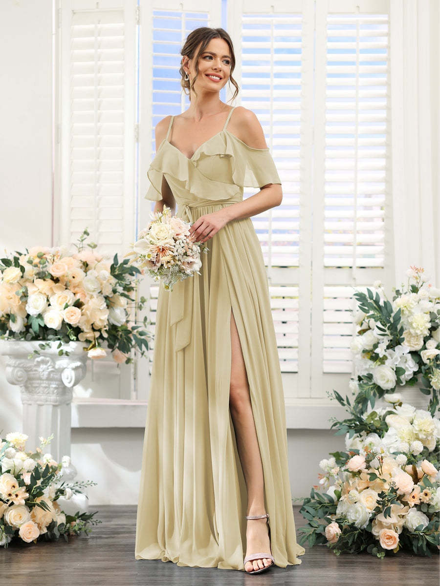 Floor-Length A-Line Bridesmaid Dresses with V-Neck and Spaghetti Straps, Featuring Pockets