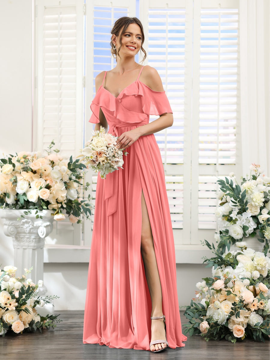 Floor-Length A-Line Bridesmaid Dresses with V-Neck and Spaghetti Straps, Featuring Pockets