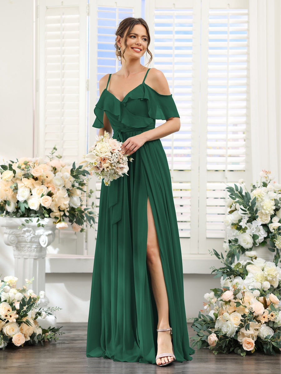 Floor-Length A-Line Bridesmaid Dresses with V-Neck and Spaghetti Straps, Featuring Pockets