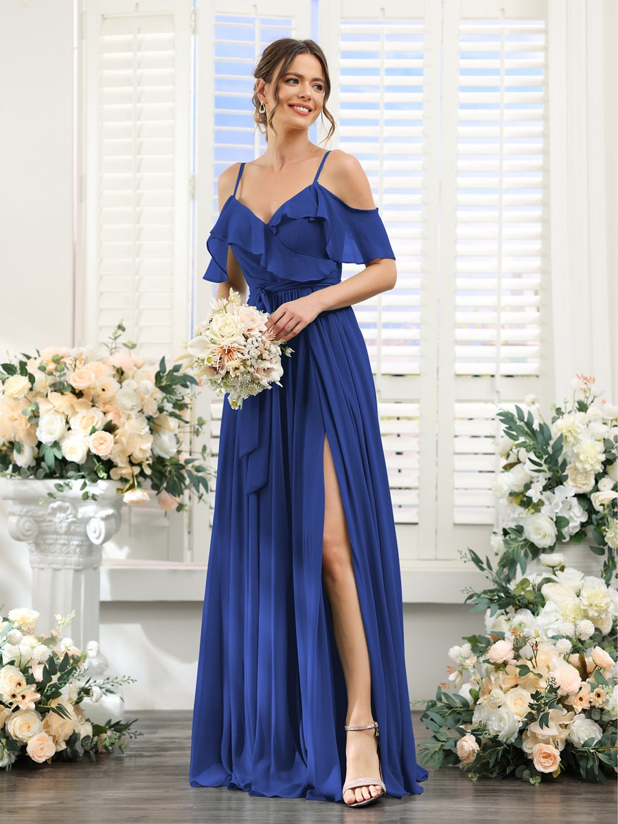 Floor-Length A-Line Bridesmaid Dresses with V-Neck and Spaghetti Straps, Featuring Pockets