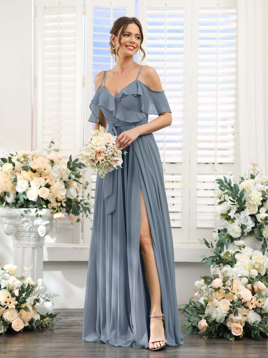 Floor-Length A-Line Bridesmaid Dresses with V-Neck and Spaghetti Straps, Featuring Pockets
