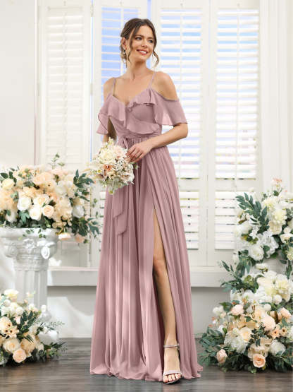 Floor-Length A-Line Bridesmaid Dresses with V-Neck and Spaghetti Straps, Featuring Pockets