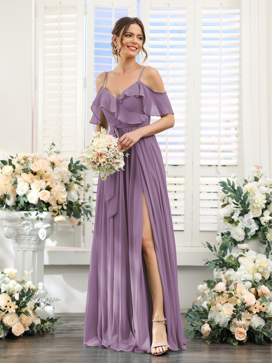 Floor-Length A-Line Bridesmaid Dresses with V-Neck and Spaghetti Straps, Featuring Pockets