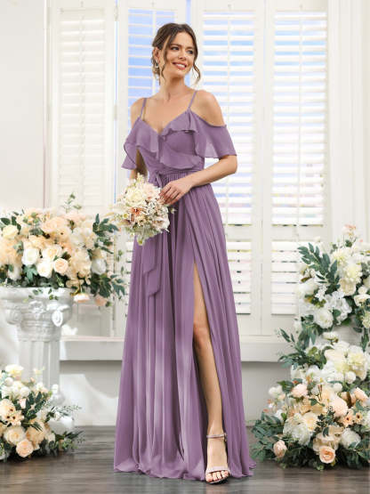 Floor-Length A-Line Bridesmaid Dresses with V-Neck and Spaghetti Straps, Featuring Pockets