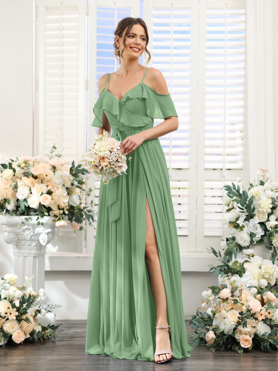 Floor-Length A-Line Bridesmaid Dresses with V-Neck and Spaghetti Straps, Featuring Pockets