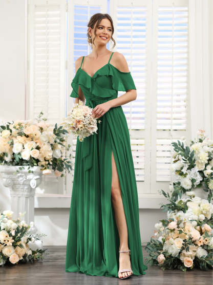 Floor-Length A-Line Bridesmaid Dresses with V-Neck and Spaghetti Straps, Featuring Pockets