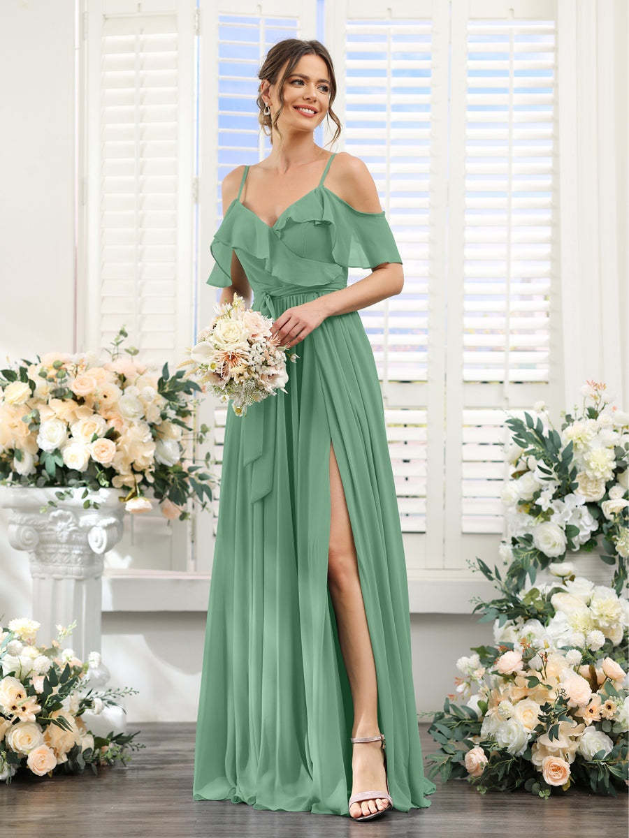 Floor-Length A-Line Bridesmaid Dresses with V-Neck and Spaghetti Straps, Featuring Pockets