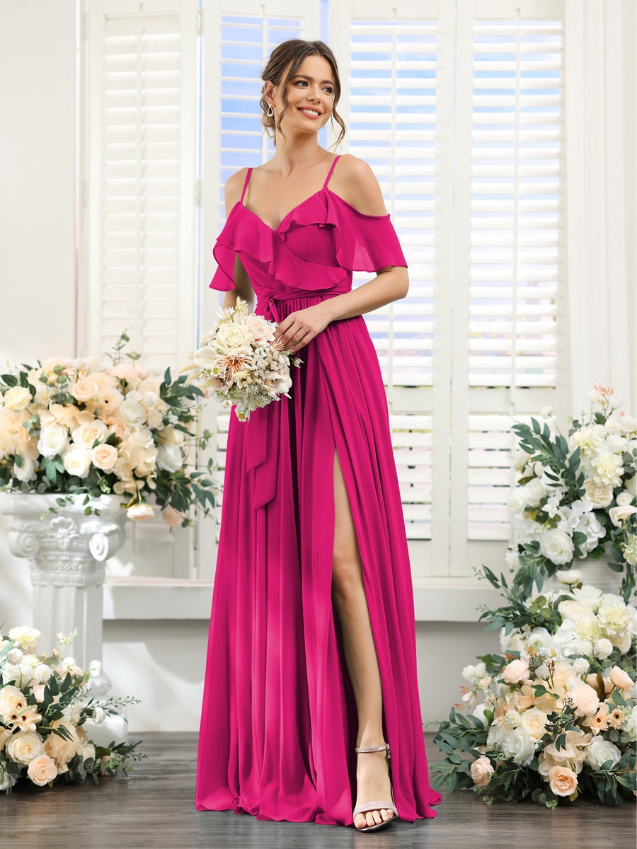 Floor-Length A-Line Bridesmaid Dresses with V-Neck and Spaghetti Straps, Featuring Pockets