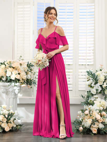 Floor-Length A-Line Bridesmaid Dresses with V-Neck and Spaghetti Straps, Featuring Pockets