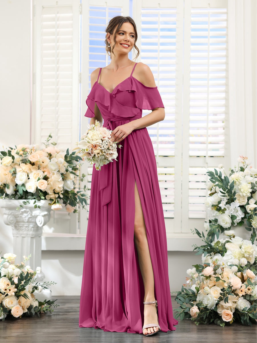 Floor-Length A-Line Bridesmaid Dresses with V-Neck and Spaghetti Straps, Featuring Pockets