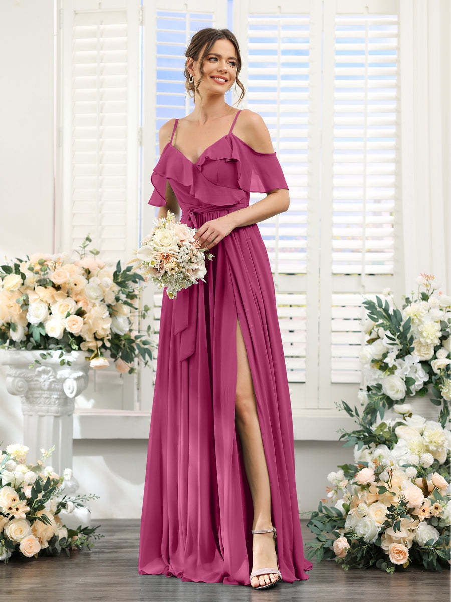 Floor-Length A-Line Bridesmaid Dresses with V-Neck and Spaghetti Straps, Featuring Pockets