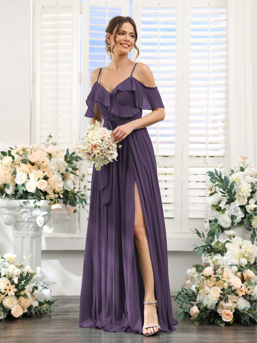 Floor-Length A-Line Bridesmaid Dresses with V-Neck and Spaghetti Straps, Featuring Pockets