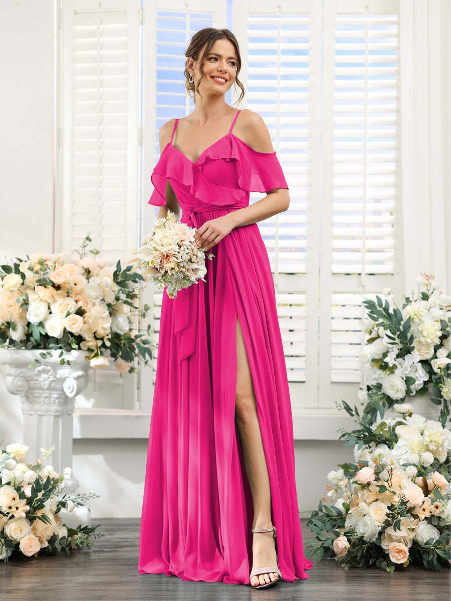 Floor-Length A-Line Bridesmaid Dresses with V-Neck and Spaghetti Straps, Featuring Pockets