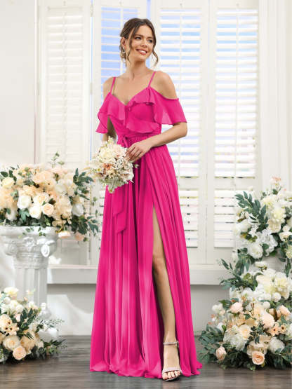 Floor-Length A-Line Bridesmaid Dresses with V-Neck and Spaghetti Straps, Featuring Pockets