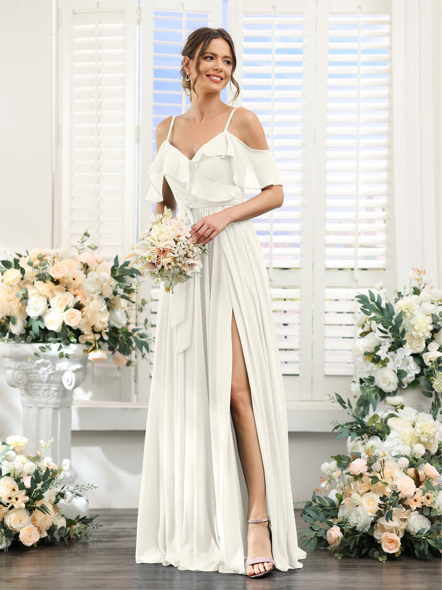 Floor-Length A-Line Bridesmaid Dresses with V-Neck and Spaghetti Straps, Featuring Pockets