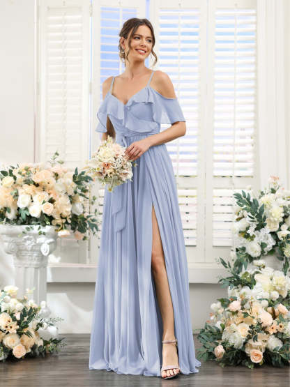 Floor-Length A-Line Bridesmaid Dresses with V-Neck and Spaghetti Straps, Featuring Pockets