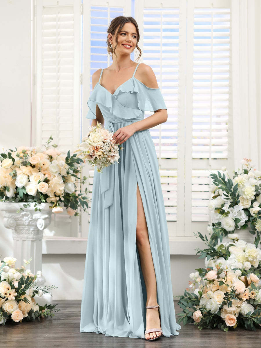 Floor-Length A-Line Bridesmaid Dresses with V-Neck and Spaghetti Straps, Featuring Pockets