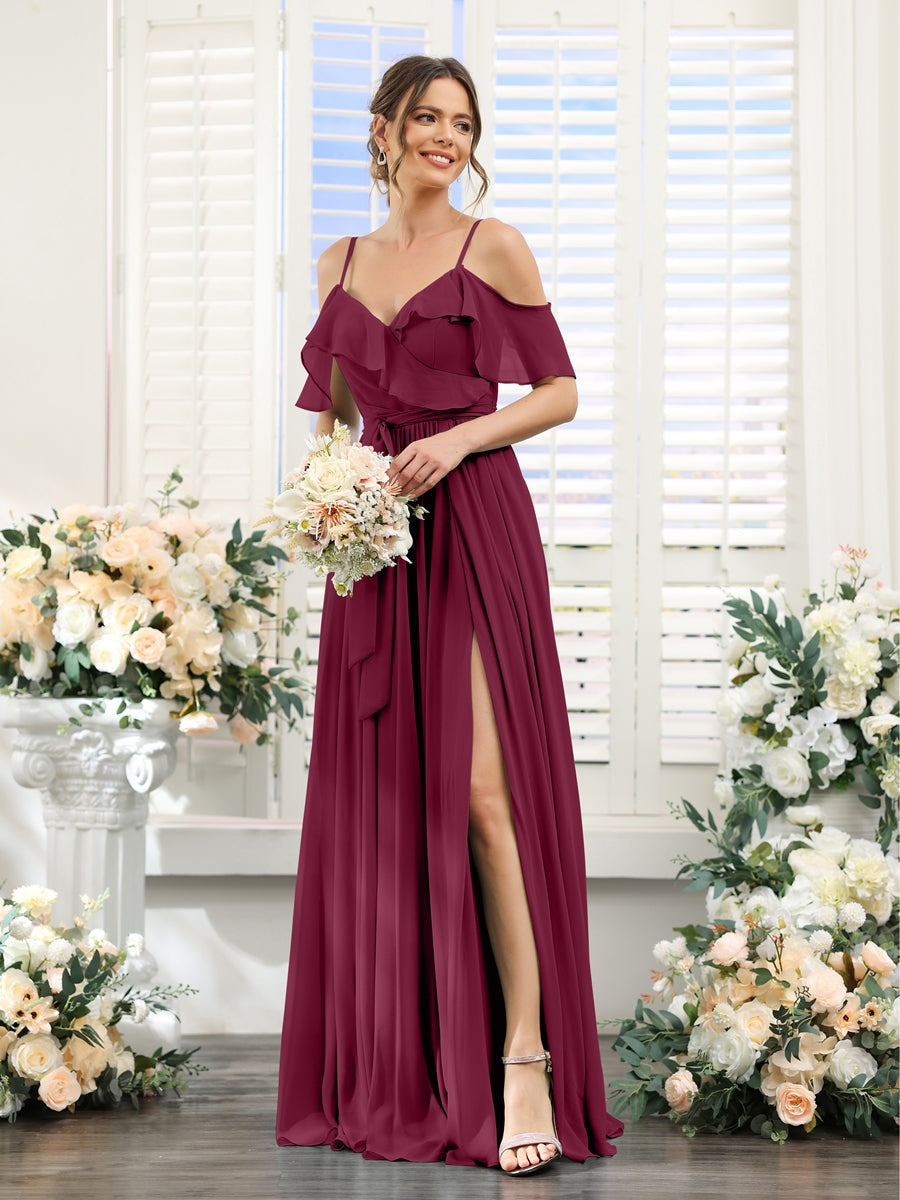 Floor-Length A-Line Bridesmaid Dresses with V-Neck and Spaghetti Straps, Featuring Pockets
