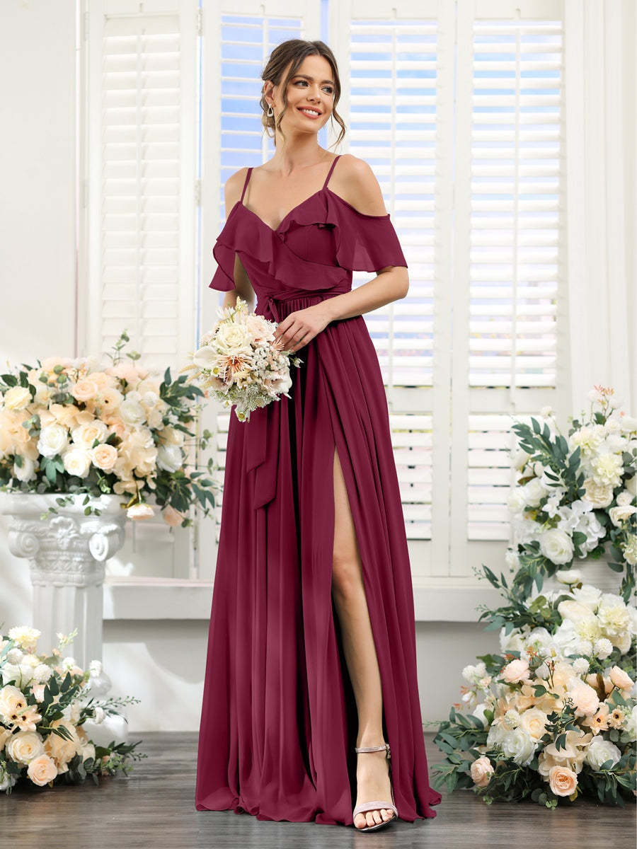 Floor-Length A-Line Bridesmaid Dresses with V-Neck and Spaghetti Straps, Featuring Pockets