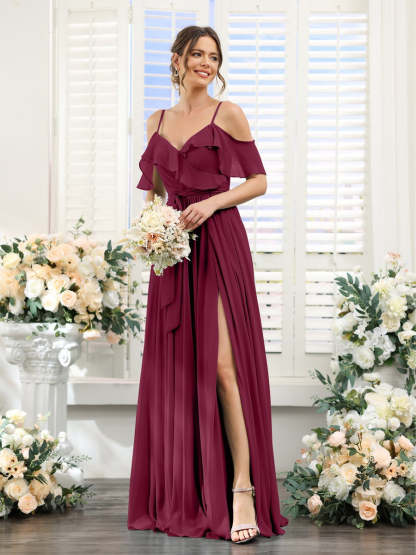 Floor-Length A-Line Bridesmaid Dresses with V-Neck and Spaghetti Straps, Featuring Pockets