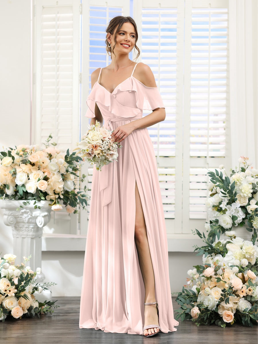 Floor-Length A-Line Bridesmaid Dresses with V-Neck and Spaghetti Straps, Featuring Pockets