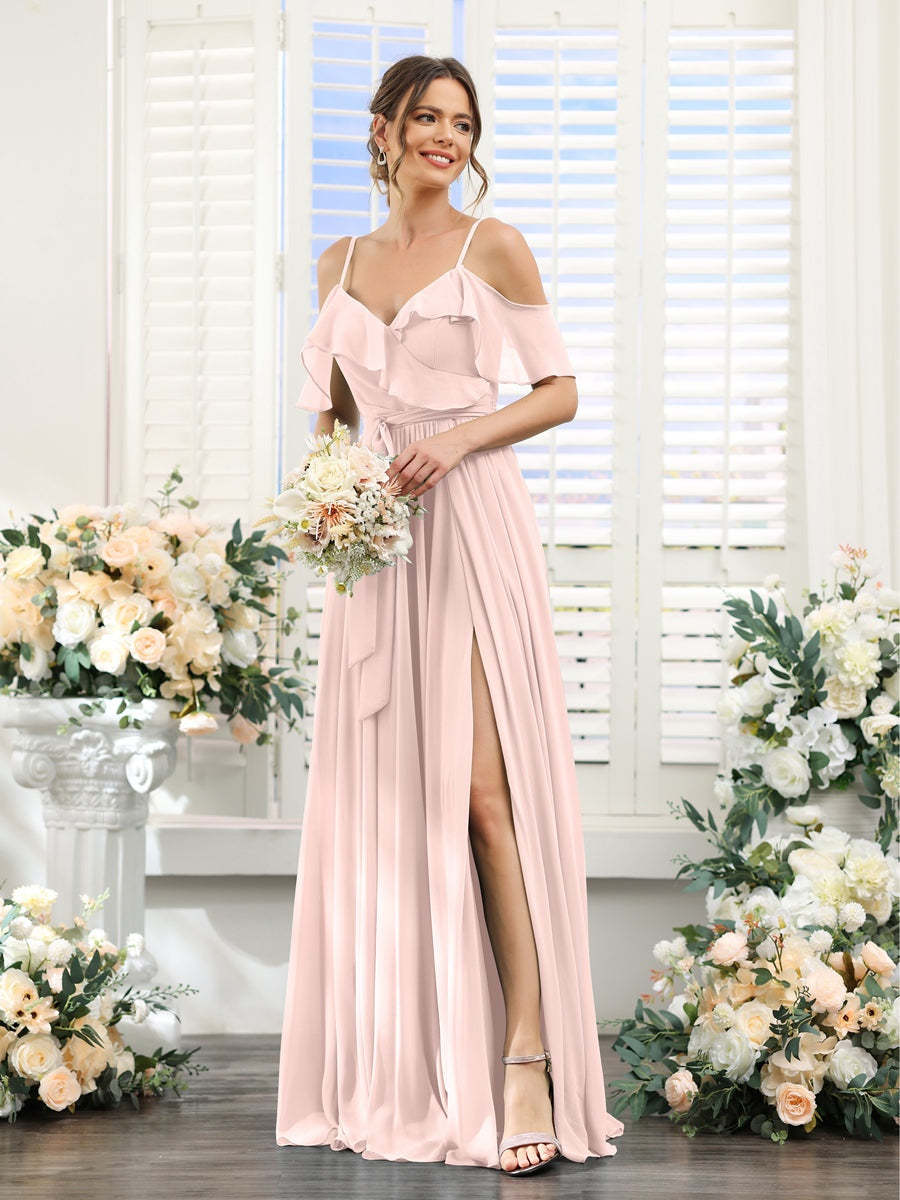 Floor-Length A-Line Bridesmaid Dresses with V-Neck and Spaghetti Straps, Featuring Pockets