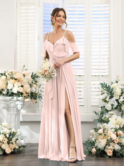 Floor-Length A-Line Bridesmaid Dresses with V-Neck and Spaghetti Straps, Featuring Pockets