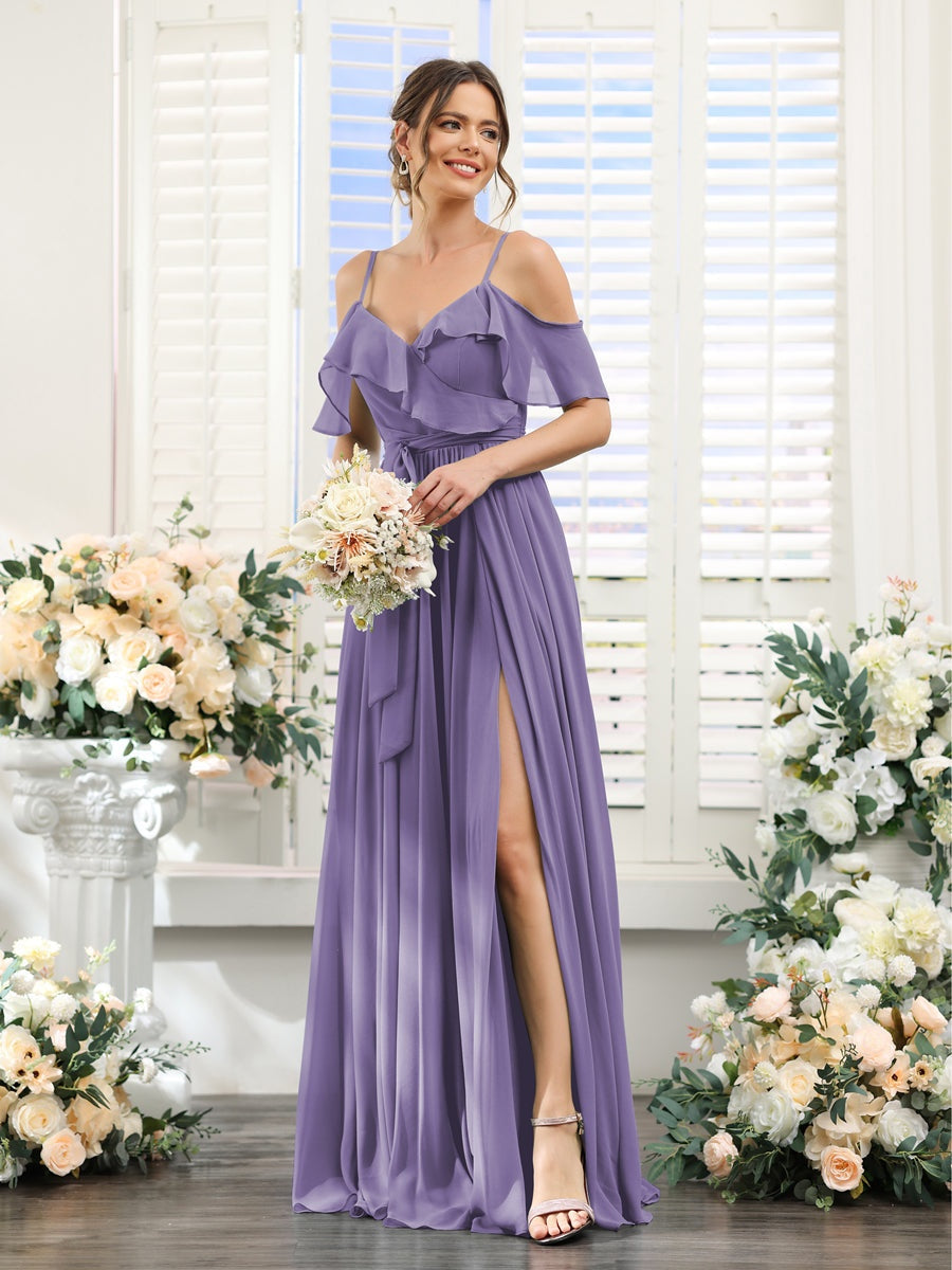 Floor-Length A-Line Bridesmaid Dresses with V-Neck and Spaghetti Straps, Featuring Pockets