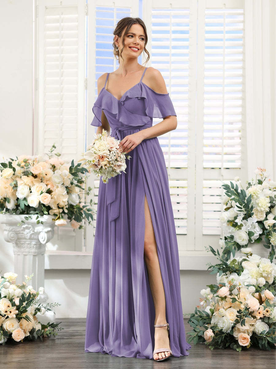 Floor-Length A-Line Bridesmaid Dresses with V-Neck and Spaghetti Straps, Featuring Pockets
