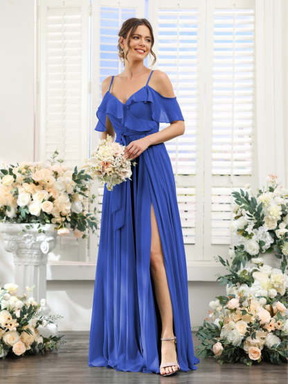 Floor-Length A-Line Bridesmaid Dresses with V-Neck and Spaghetti Straps, Featuring Pockets