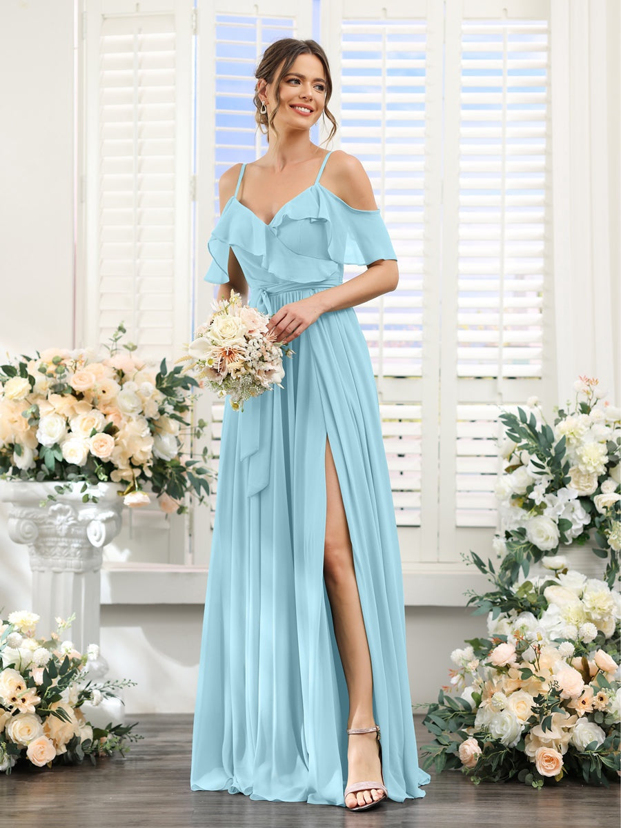 Floor-Length A-Line Bridesmaid Dresses with V-Neck and Spaghetti Straps, Featuring Pockets