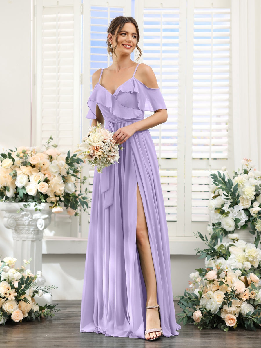 Floor-Length A-Line Bridesmaid Dresses with V-Neck and Spaghetti Straps, Featuring Pockets