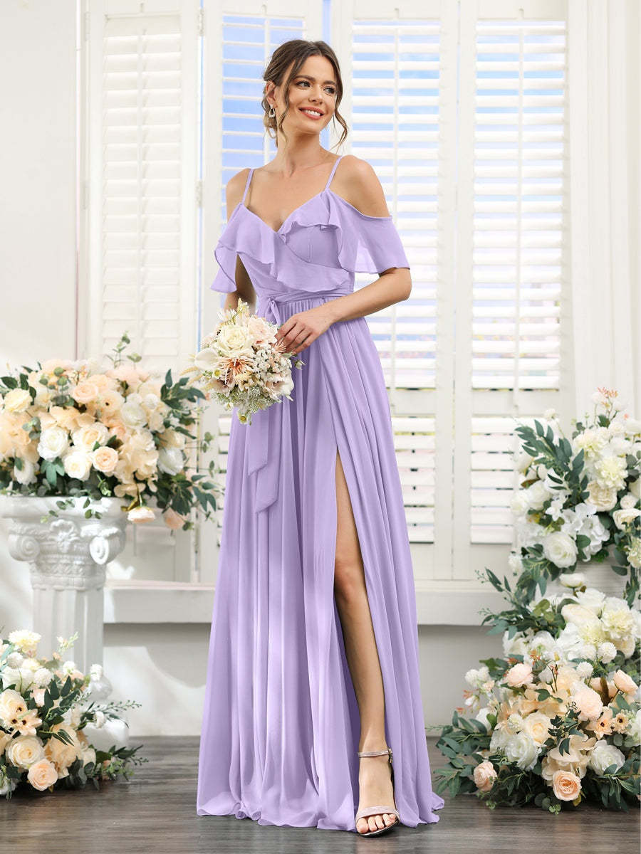 Floor-Length A-Line Bridesmaid Dresses with V-Neck and Spaghetti Straps, Featuring Pockets