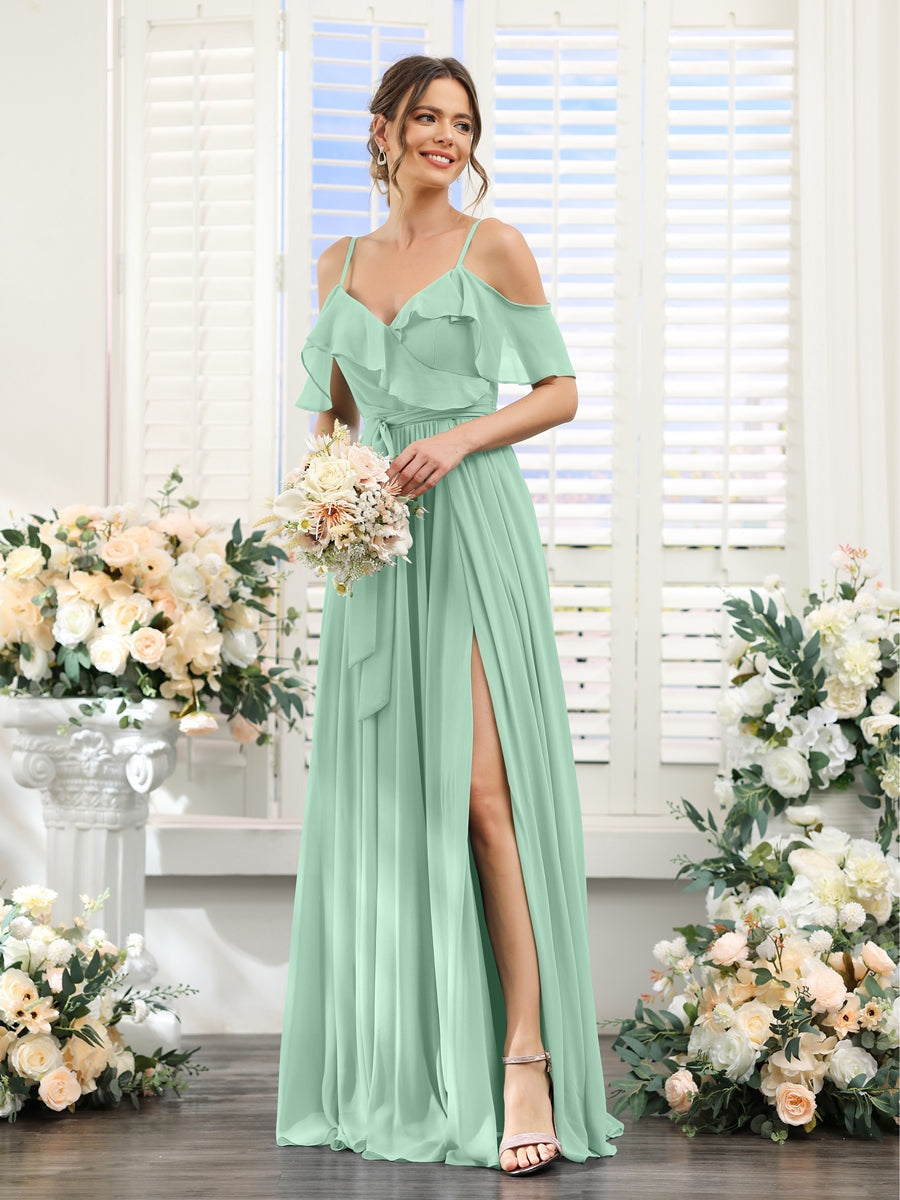 Floor-Length A-Line Bridesmaid Dresses with V-Neck and Spaghetti Straps, Featuring Pockets