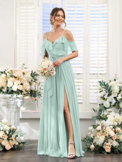 Floor-Length A-Line Bridesmaid Dresses with V-Neck and Spaghetti Straps, Featuring Pockets