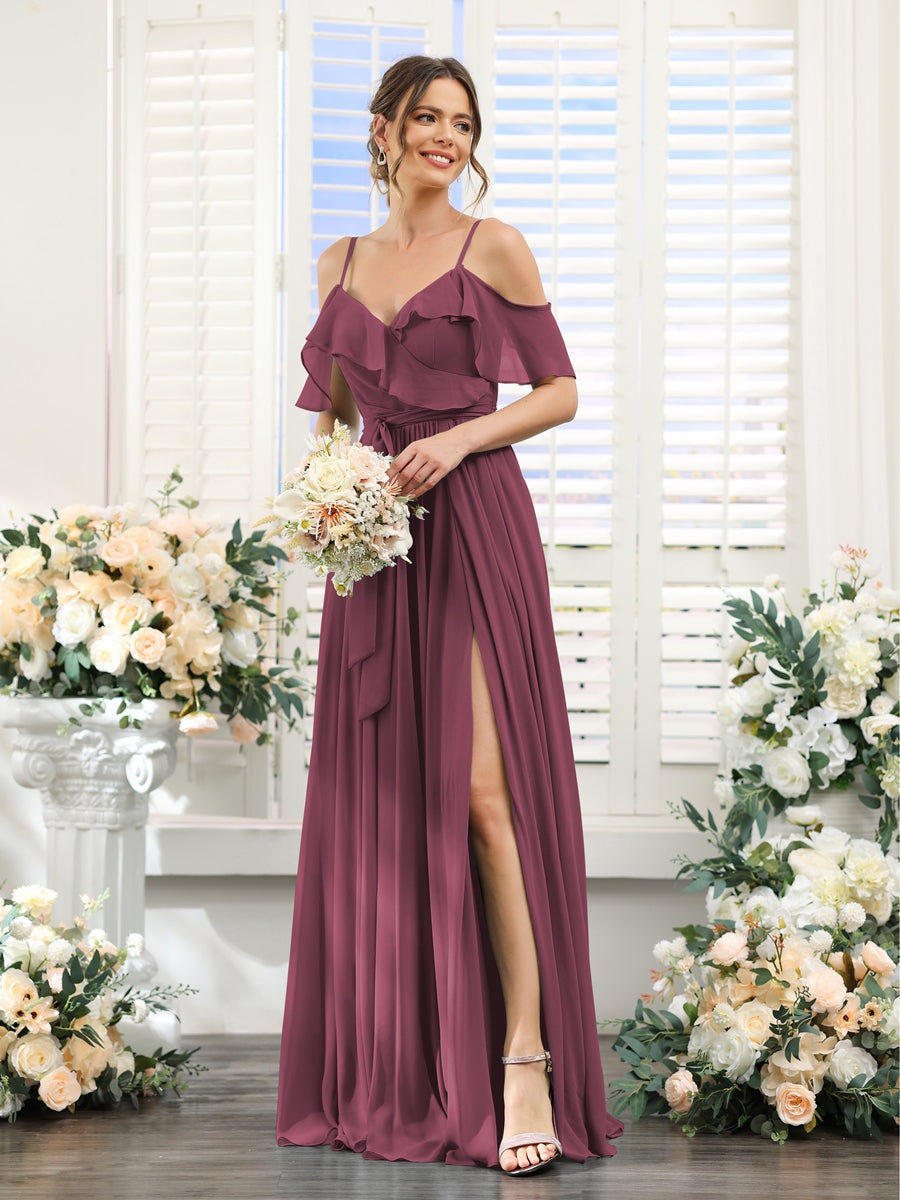 Floor-Length A-Line Bridesmaid Dresses with V-Neck and Spaghetti Straps, Featuring Pockets