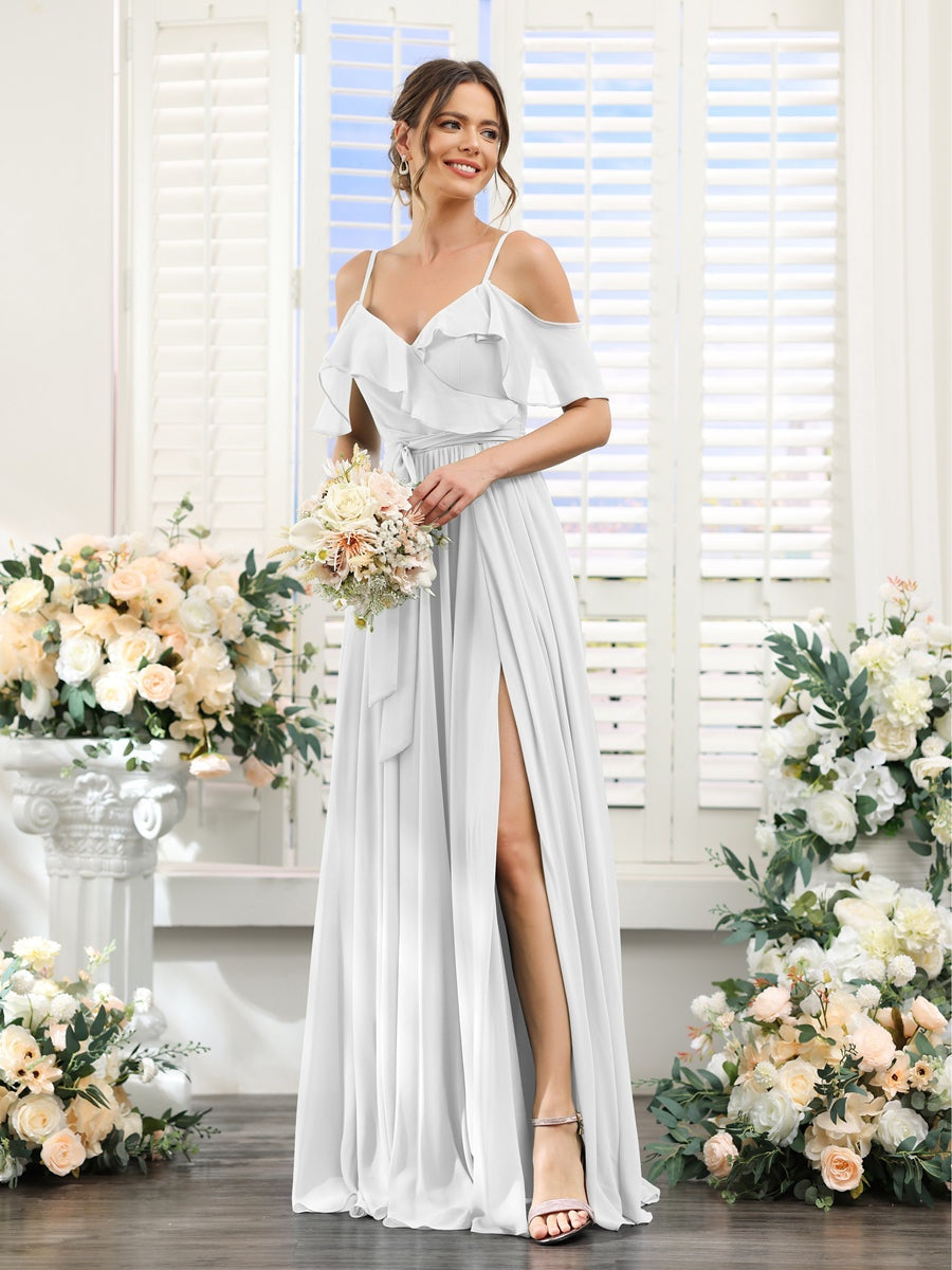 Floor-Length A-Line Bridesmaid Dresses with V-Neck and Spaghetti Straps, Featuring Pockets