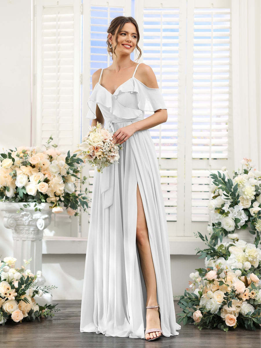 Floor-Length A-Line Bridesmaid Dresses with V-Neck and Spaghetti Straps, Featuring Pockets