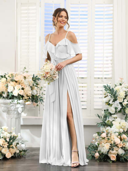 Floor-Length A-Line Bridesmaid Dresses with V-Neck and Spaghetti Straps, Featuring Pockets
