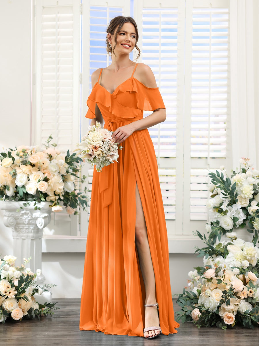 Floor-Length A-Line Bridesmaid Dresses with V-Neck and Spaghetti Straps, Featuring Pockets