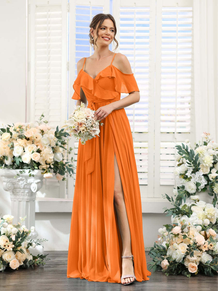 Floor-Length A-Line Bridesmaid Dresses with V-Neck and Spaghetti Straps, Featuring Pockets