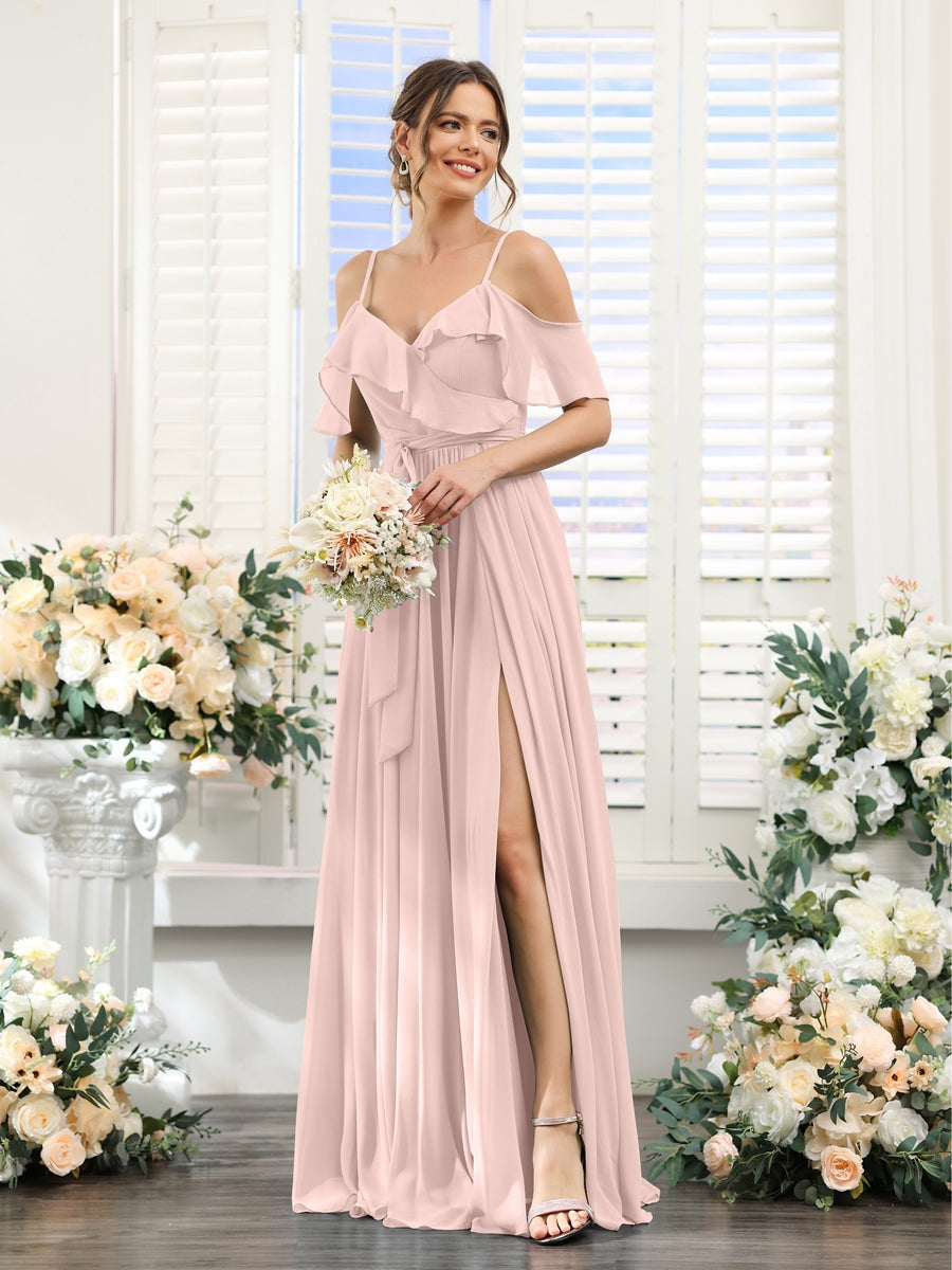Floor-Length A-Line Bridesmaid Dresses with V-Neck and Spaghetti Straps, Featuring Pockets