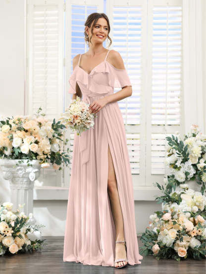 Floor-Length A-Line Bridesmaid Dresses with V-Neck and Spaghetti Straps, Featuring Pockets