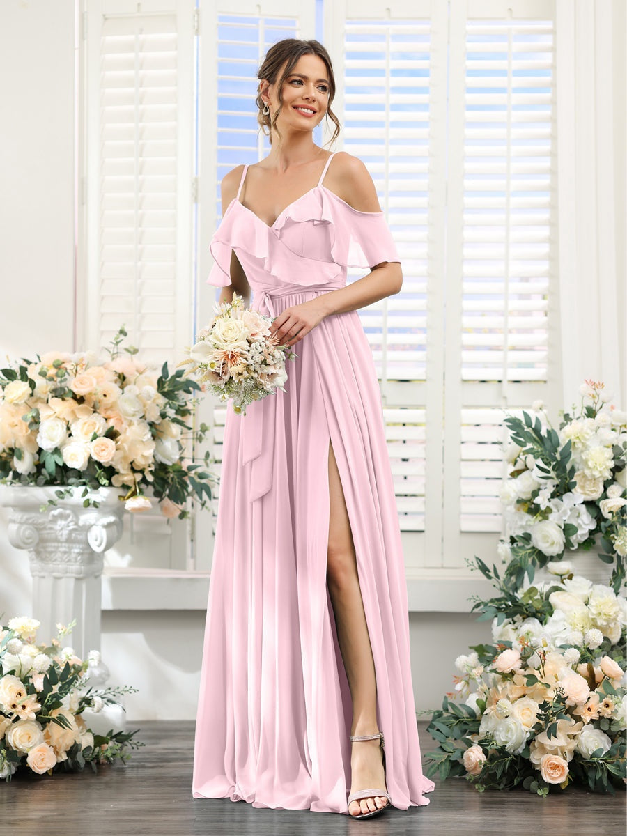 Floor-Length A-Line Bridesmaid Dresses with V-Neck and Spaghetti Straps, Featuring Pockets
