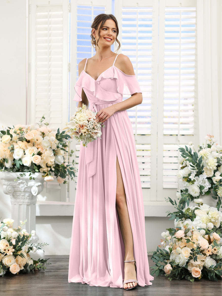 Floor-Length A-Line Bridesmaid Dresses with V-Neck and Spaghetti Straps, Featuring Pockets