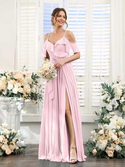 Floor-Length A-Line Bridesmaid Dresses with V-Neck and Spaghetti Straps, Featuring Pockets
